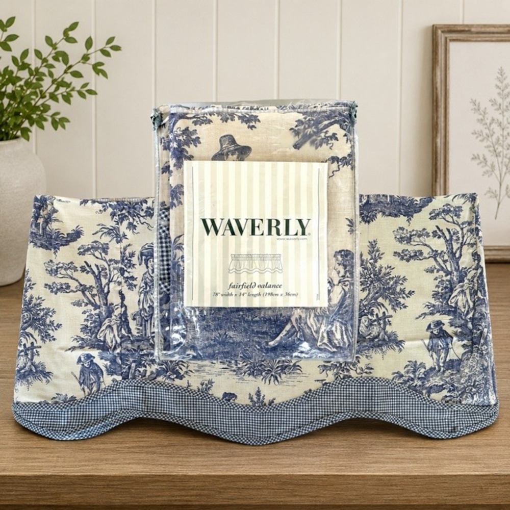Waverly Charmed Life Fairfield Valance Blue Ivory Toile Gingham 76x17 USA